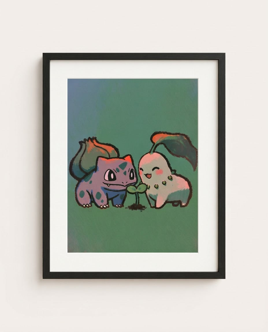 Bulbasaur & Chikorita kawaii art print framed on a wall — Pokémon fan art by Dammit.png