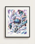 Glaceon watercolour art print framed on a wall — Pokémon fan art by Dammit.png