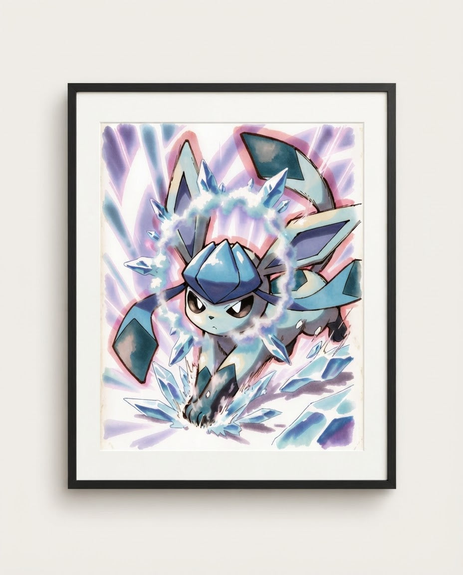 Glaceon watercolour art print framed on a wall — Pokémon fan art by Dammit.png