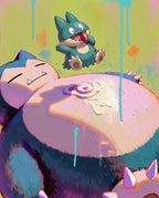 Snorlax & Munchlax — Snack Time impasto painting, sleeping Snorlax and Munchlax eating a strawberry