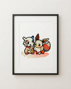 Cubone & Eevee — Bone to Pick watercolour art print framed in a black frame with white mat