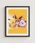 Pikachu, Eevee & Jigglypuff kawaii art print framed on a wall — Pokémon fan art by Dammit.png
