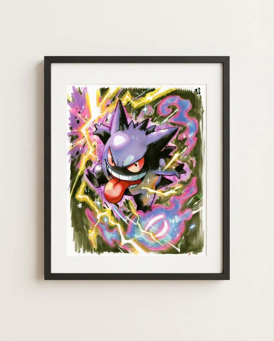 Gengar lightning watercolour art print framed on a wall — Pokémon fan art by Dammit.png