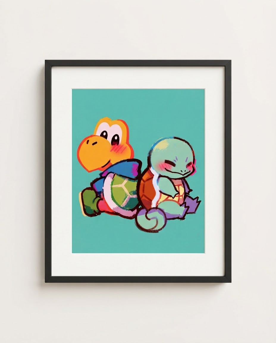 Koopa Troopa & Squirtle art print framed on a wall — Paper Mario Pokémon crossover by Dammit.png