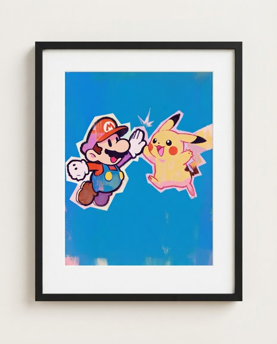 Mario & Pikachu art print framed on a wall — Paper Mario Pokémon crossover by Dammit.png