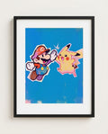 Mario & Pikachu art print framed on a wall — Paper Mario Pokémon crossover by Dammit.png
