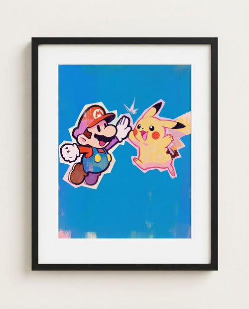 Mario & Pikachu art print framed on a wall — Paper Mario Pokémon crossover by Dammit.png