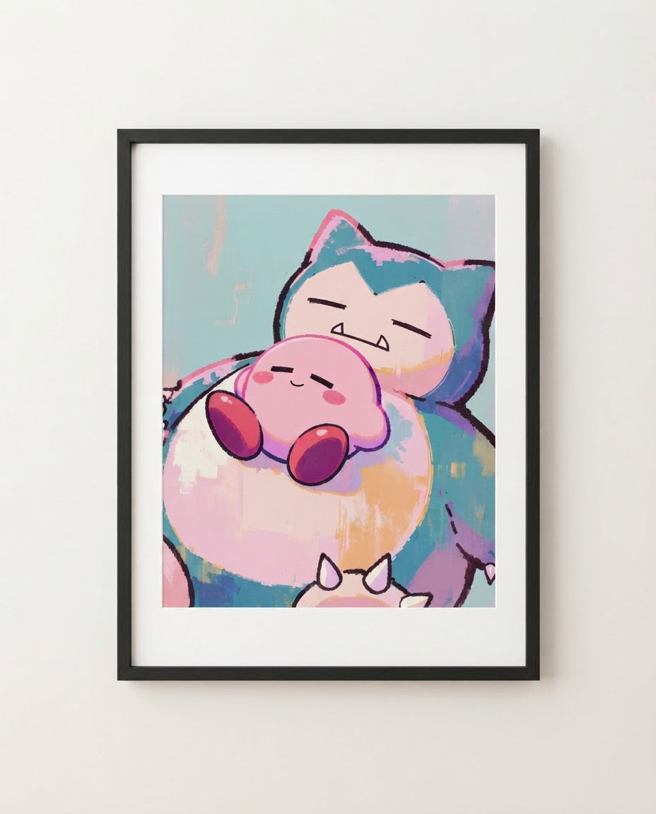 Kirby & Snorlax kawaii art print framed on a wall — Kirby Pokémon crossover by Dammit.png