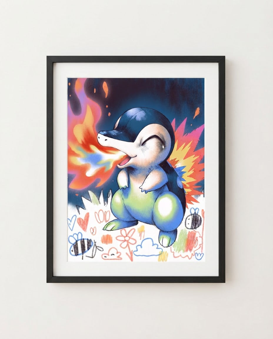 Cyndaquil — Flamethrower sketchbook art print framed on a wall