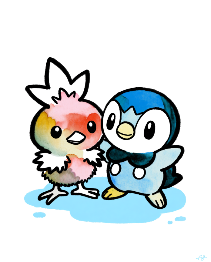 Torchic & Piplup — Puddle Pals watercolour illustration, Torchic and Piplup in a blue puddle