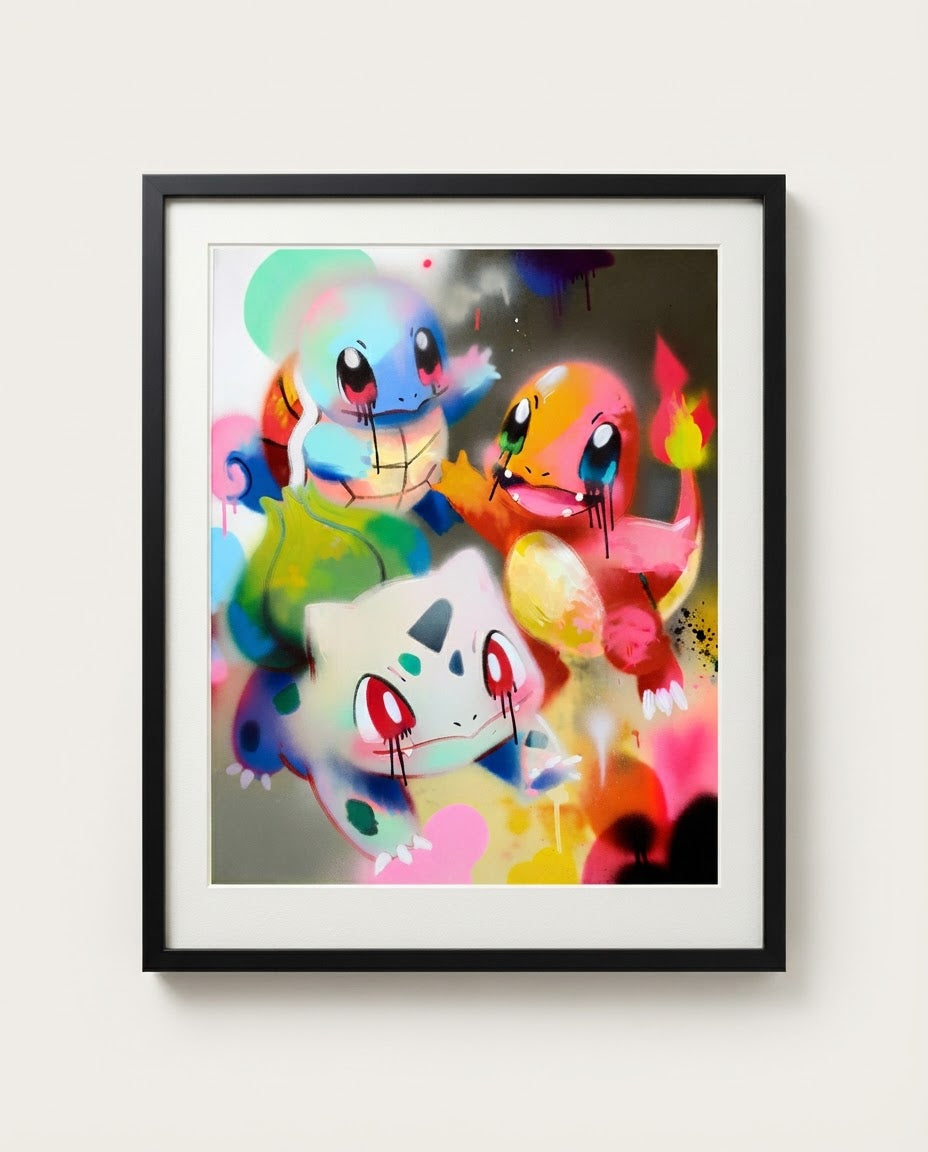 Bulbasaur, Charmander & Squirtle — Fresh Paint spray paint art print framed on a wall