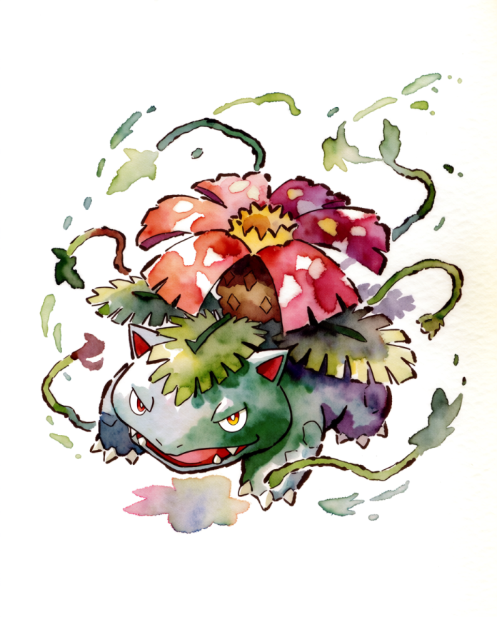 Watercolour illustration of Venusaur with its red bloom and swirling vines by Dammit.png