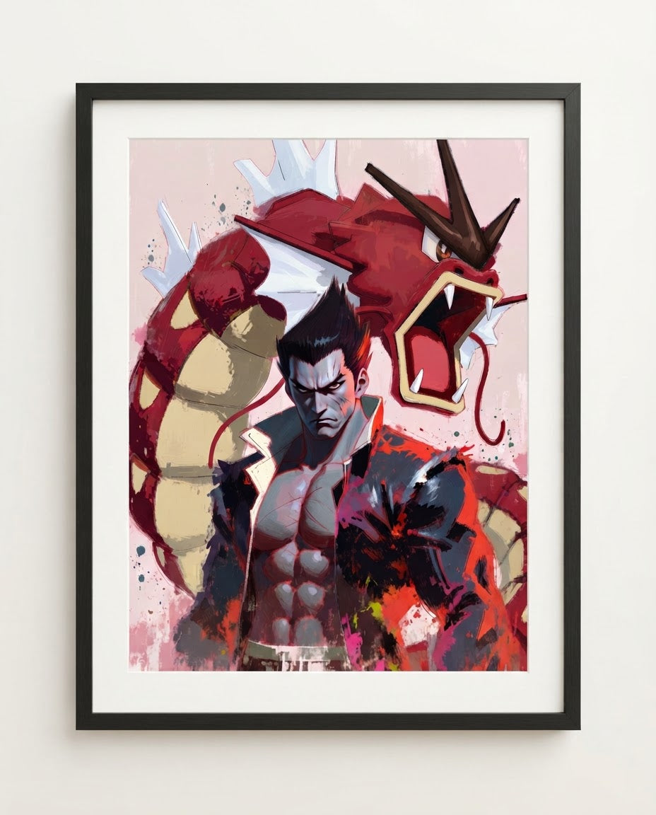 Kazuya Mishima & Gyarados art print framed on a wall — Tekken Pokémon crossover by Dammit.png