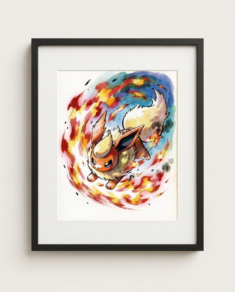 Flareon watercolour art print framed on a wall — Pokémon fan art by Dammit.png