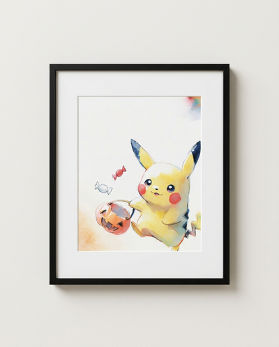 Pikachu Candy Skip Halloween watercolour Pokémon art print in a black frame with white mat