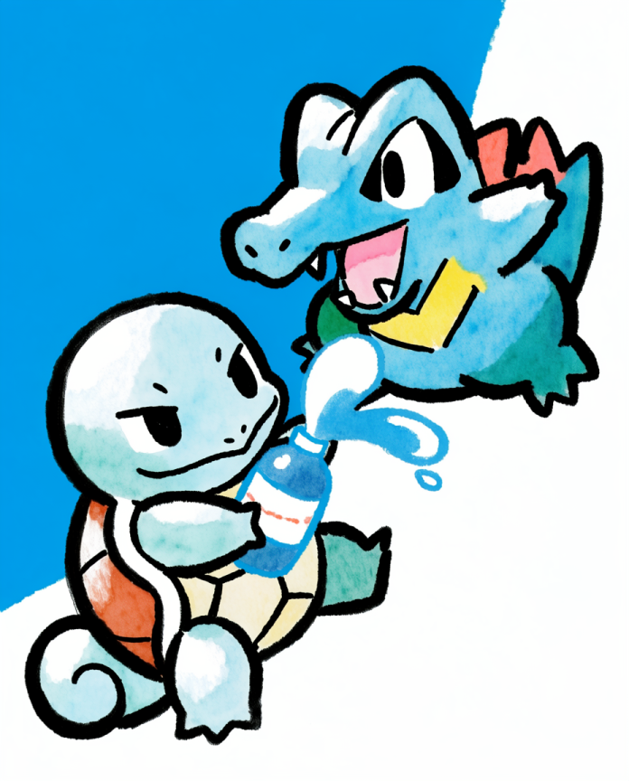 Squirtle & Totodile — Water Fight ink wash illustration by Dammit.png