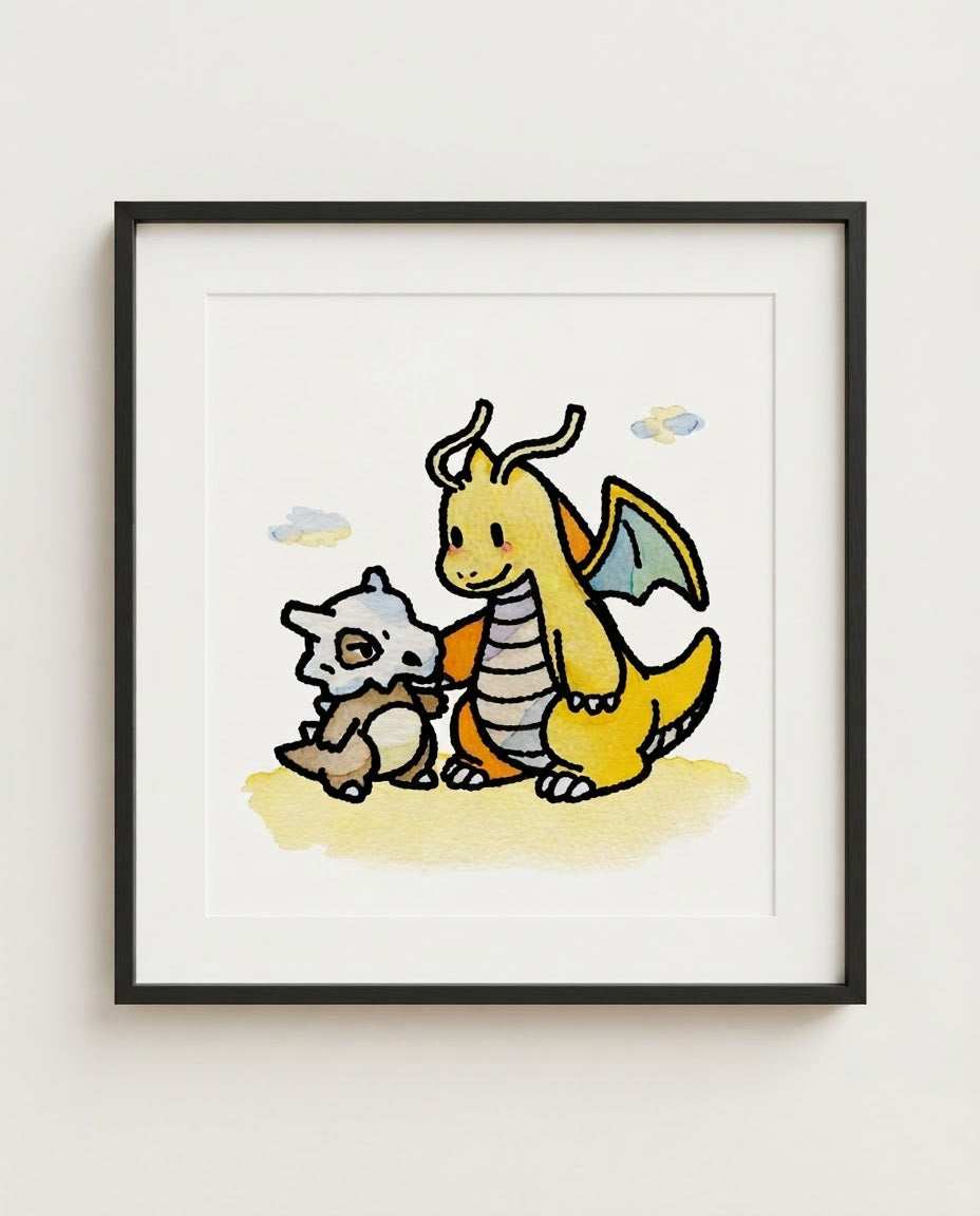 Cubone & Dragonite — Big Brother watercolour art print framed in a black frame with white mat