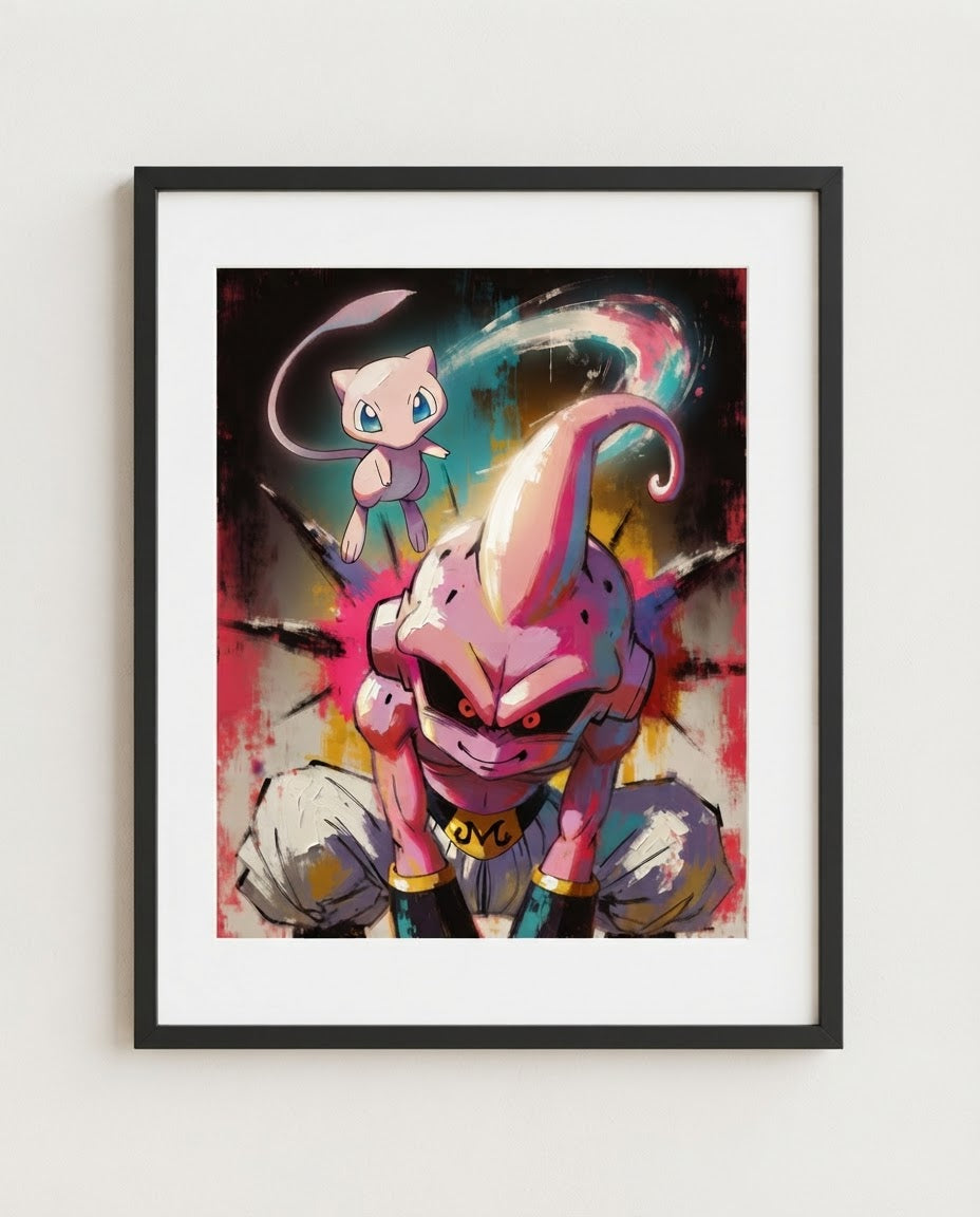 Kid Buu and Mew framed art print