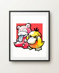 Slowpoke & Psyduck — Best Buds ink wash art print framed on a wall