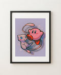 Kirby & Mew kawaii art print framed on a wall — Kirby Pokémon crossover by Dammit.png