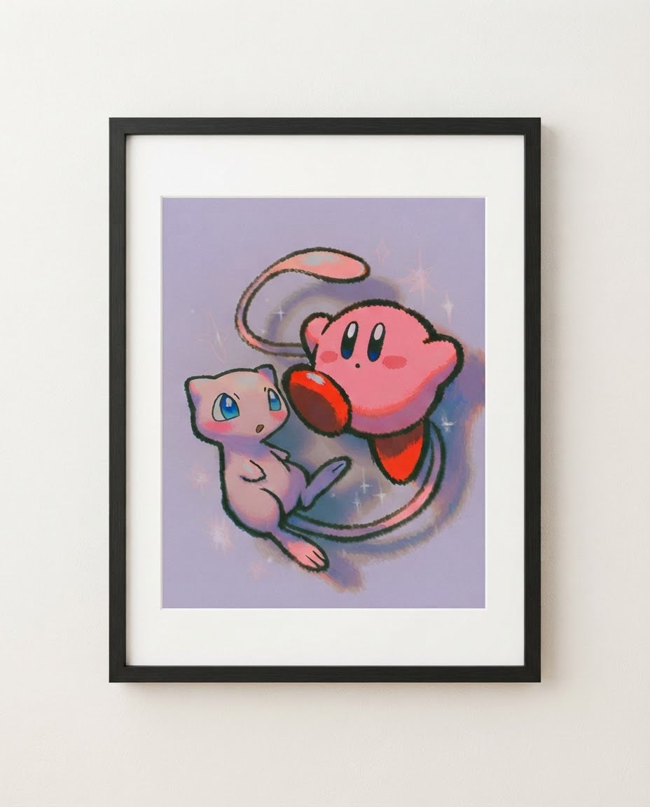 Kirby & Mew kawaii art print framed on a wall — Kirby Pokémon crossover by Dammit.png