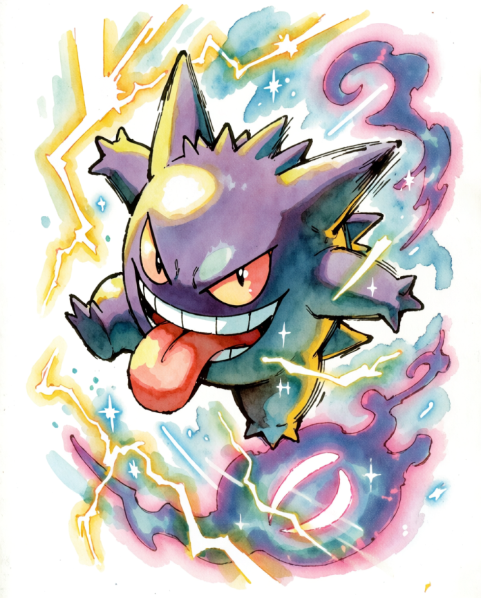Gengar — Lick Attack watercolour illustration, Gengar with tongue out surrounded by lightning
