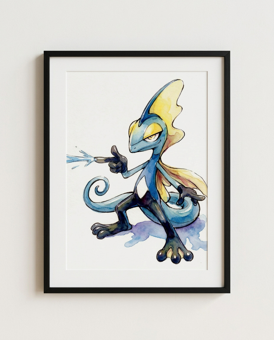 Inteleon Snipe Shot watercolour Pokémon art print in a black frame with white mat