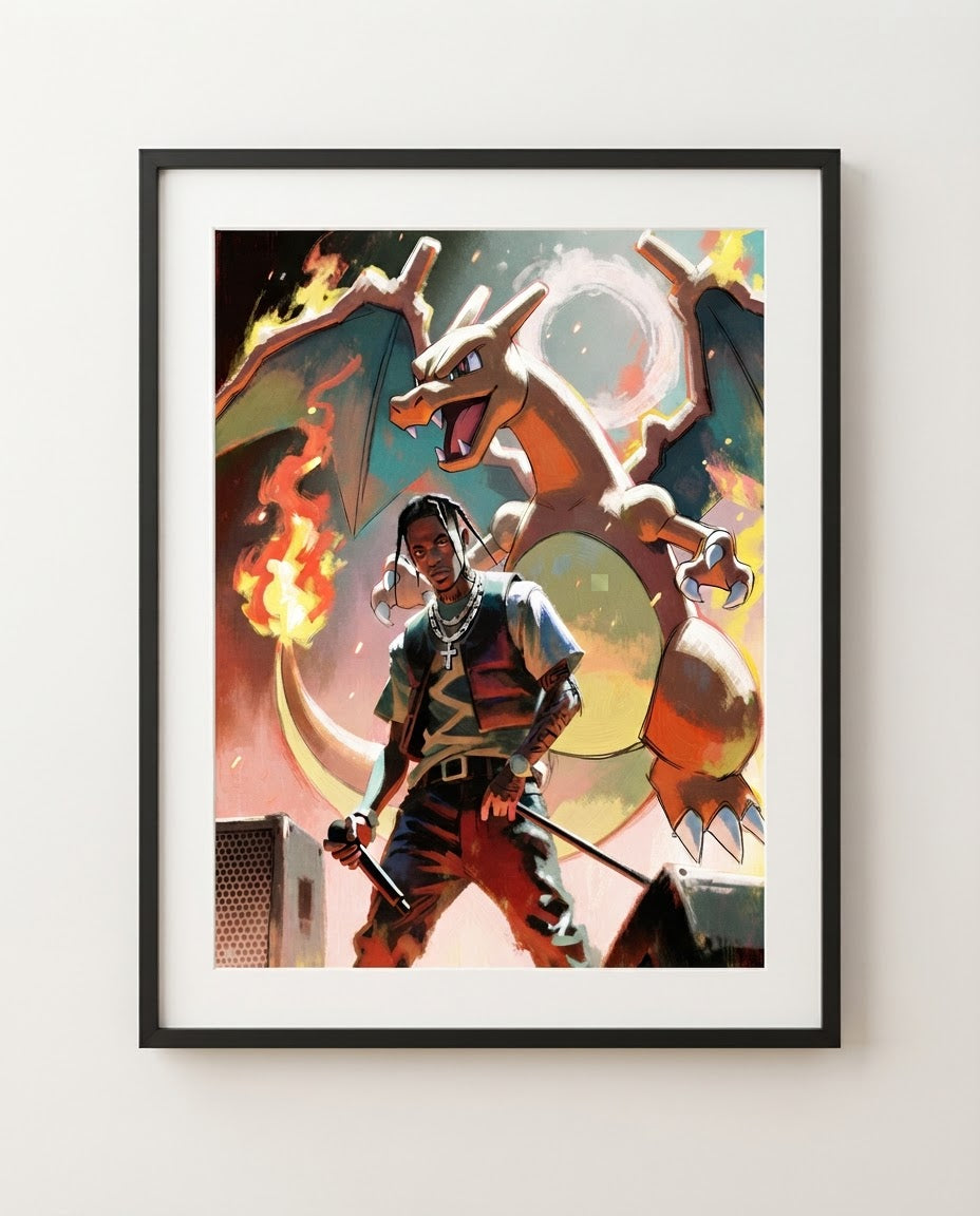 Travis Scott and Charizard framed art print