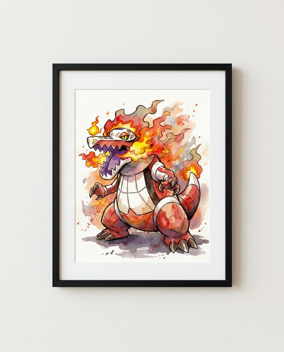 Skeledirge Spirit Flame watercolour Pokémon art print in a black frame with white mat