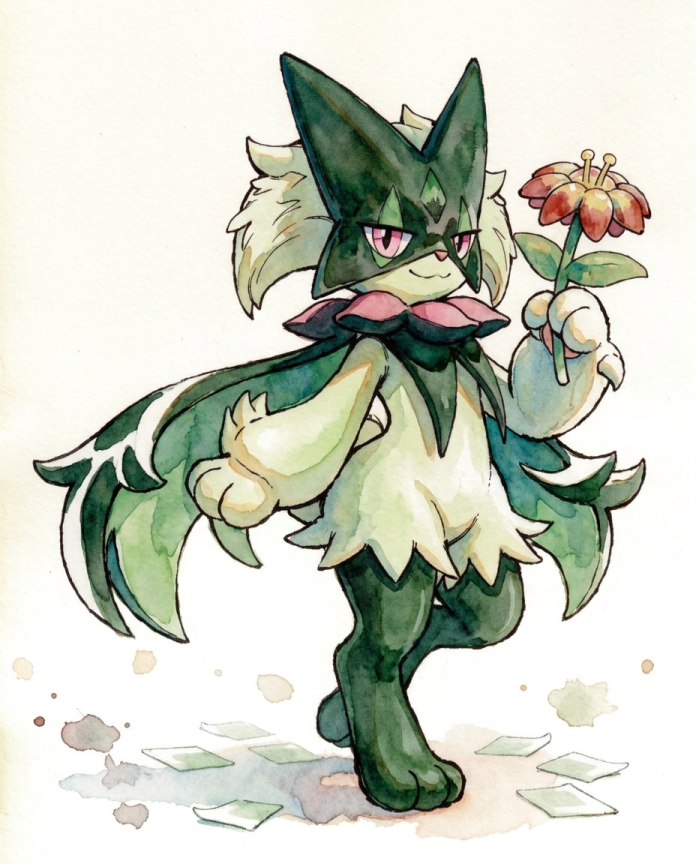 Watercolour illustration of Meowscarada holding a red flower with scattered cards by Dammit.png