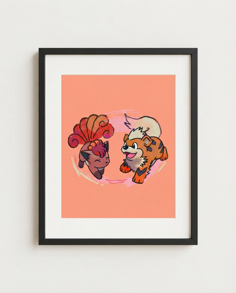 Vulpix & Growlithe kawaii art print framed on a wall — Pokémon fan art by Dammit.png