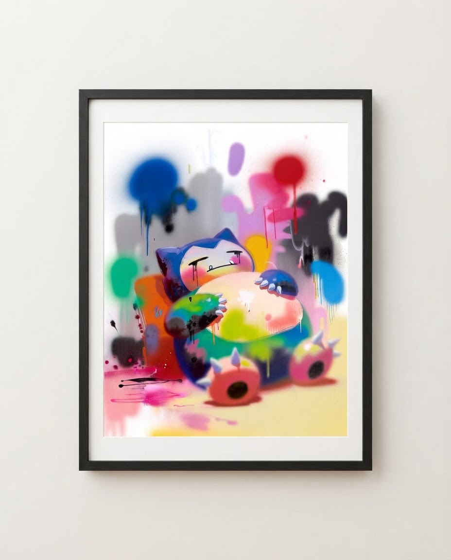 Snorlax — Paint Nap spray paint art print framed on a wall