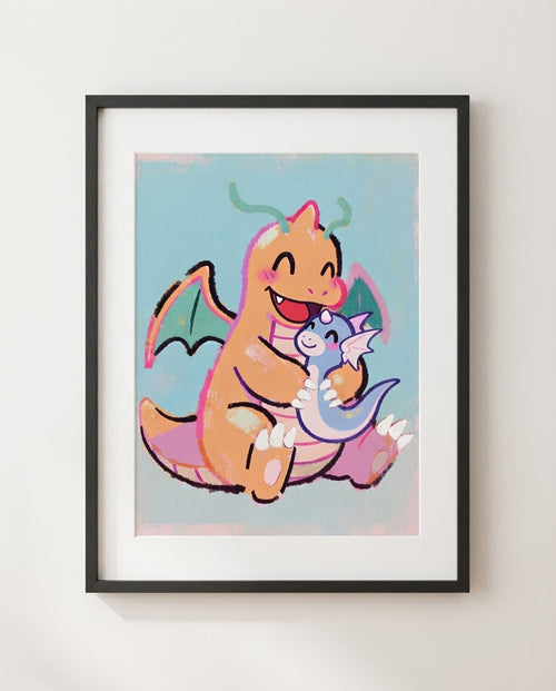 Dragonite & Dratini kawaii art print framed on a wall — Pokémon fan art by Dammit.png