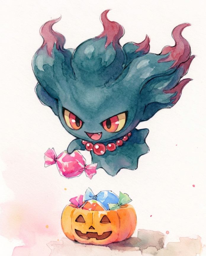 Watercolour illustration of Misdreavus stealing candy from a jack-o-lantern bowl by Dammit.png