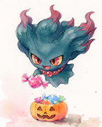 Watercolour illustration of Misdreavus stealing candy from a jack-o-lantern bowl by Dammit.png