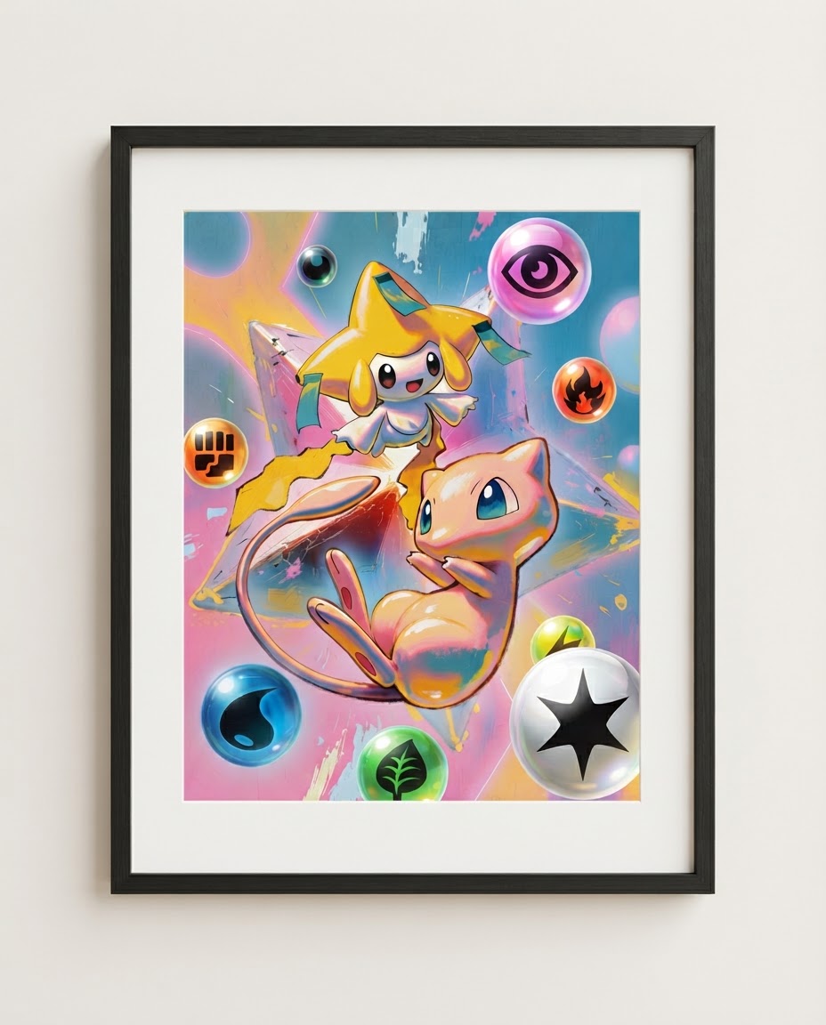Mew & Jirachi — Wish Energy Futuristic Rare EX art print framed in a black frame with white mat
