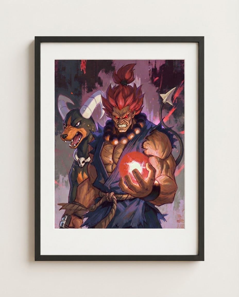Akuma & Houndoom art print framed on a wall — Street Fighter Pokémon crossover by Dammit.png