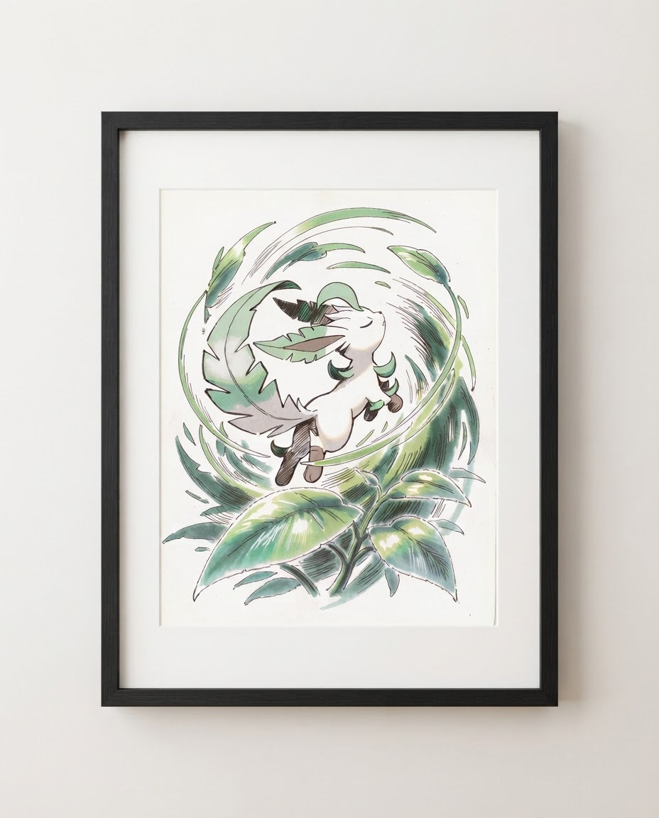 Leafeon watercolour art print framed on a wall — Pokémon fan art by Dammit.png