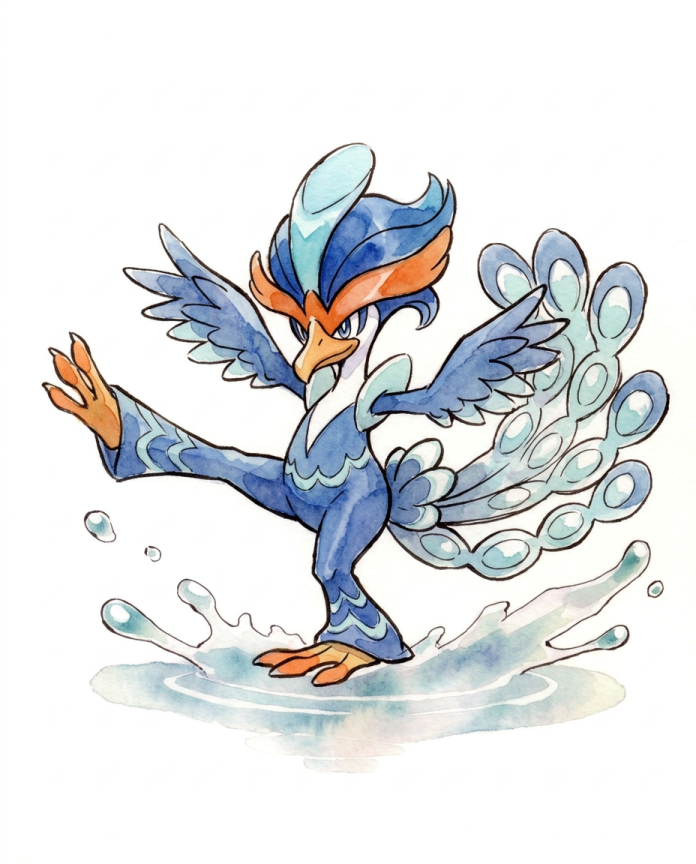 Watercolour illustration of Quaquaval dancing with a fan of water feathers by Dammit.png