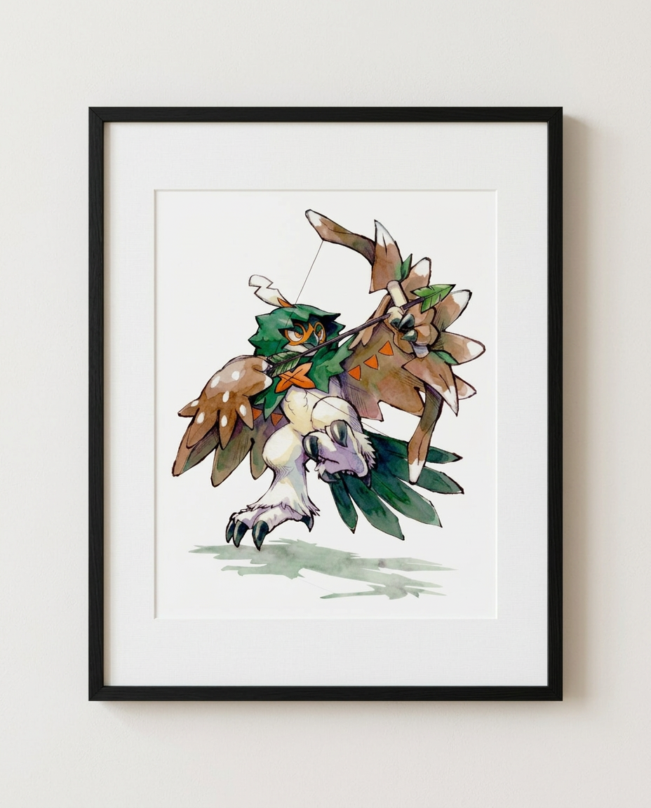 Decidueye Spirit Shackle watercolour Pokémon art print in a black frame with white mat