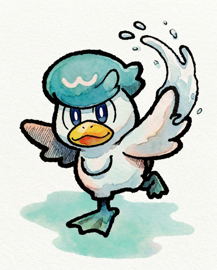 Watercolour illustration of Quaxly dancing with a curling wave of water by Dammit.png