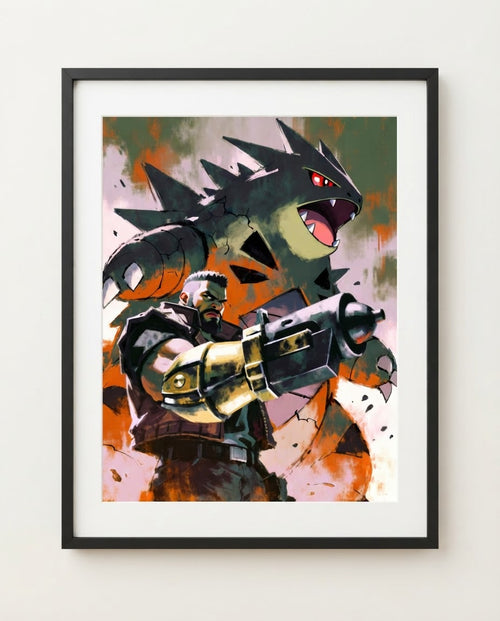 Barret and Tyranitar framed art print
