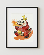 Fuecoco Torch Song watercolour Pokémon starter art print in a black frame with white mat