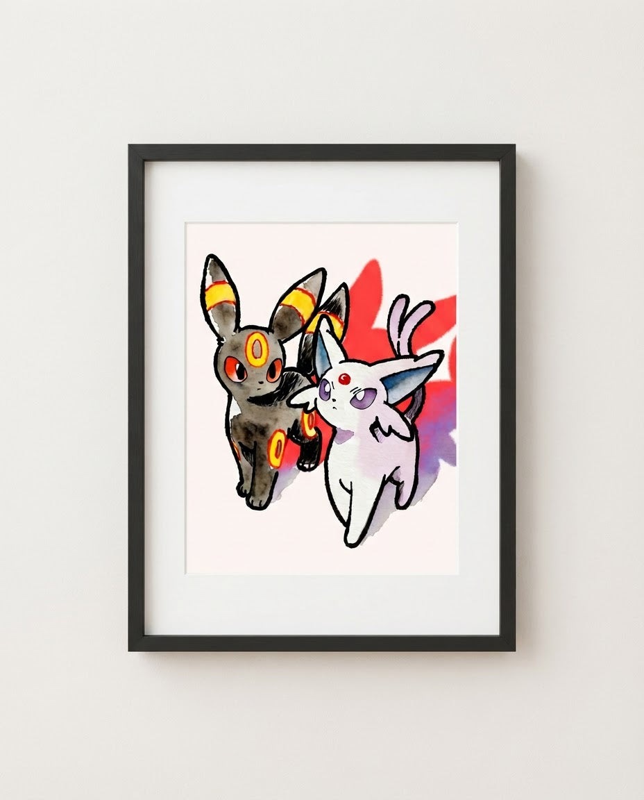 Umbreon & Espeon — Moonlight Walk ink wash art print framed on a wall