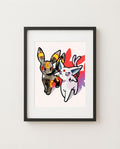 Umbreon & Espeon — Moonlight Walk ink wash art print framed on a wall