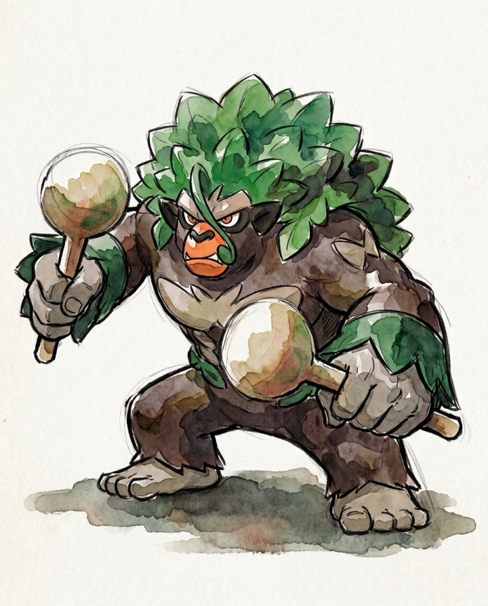 Watercolour illustration of Rillaboom crouching with its drumsticks by Dammit.png