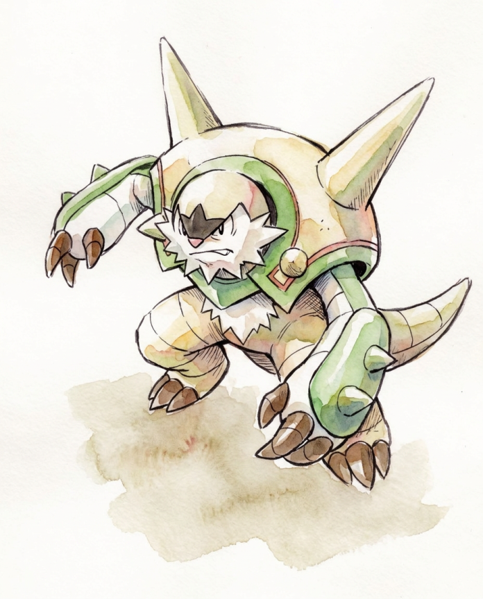 Watercolour illustration of Chesnaught in a defensive crouch by Dammit.png