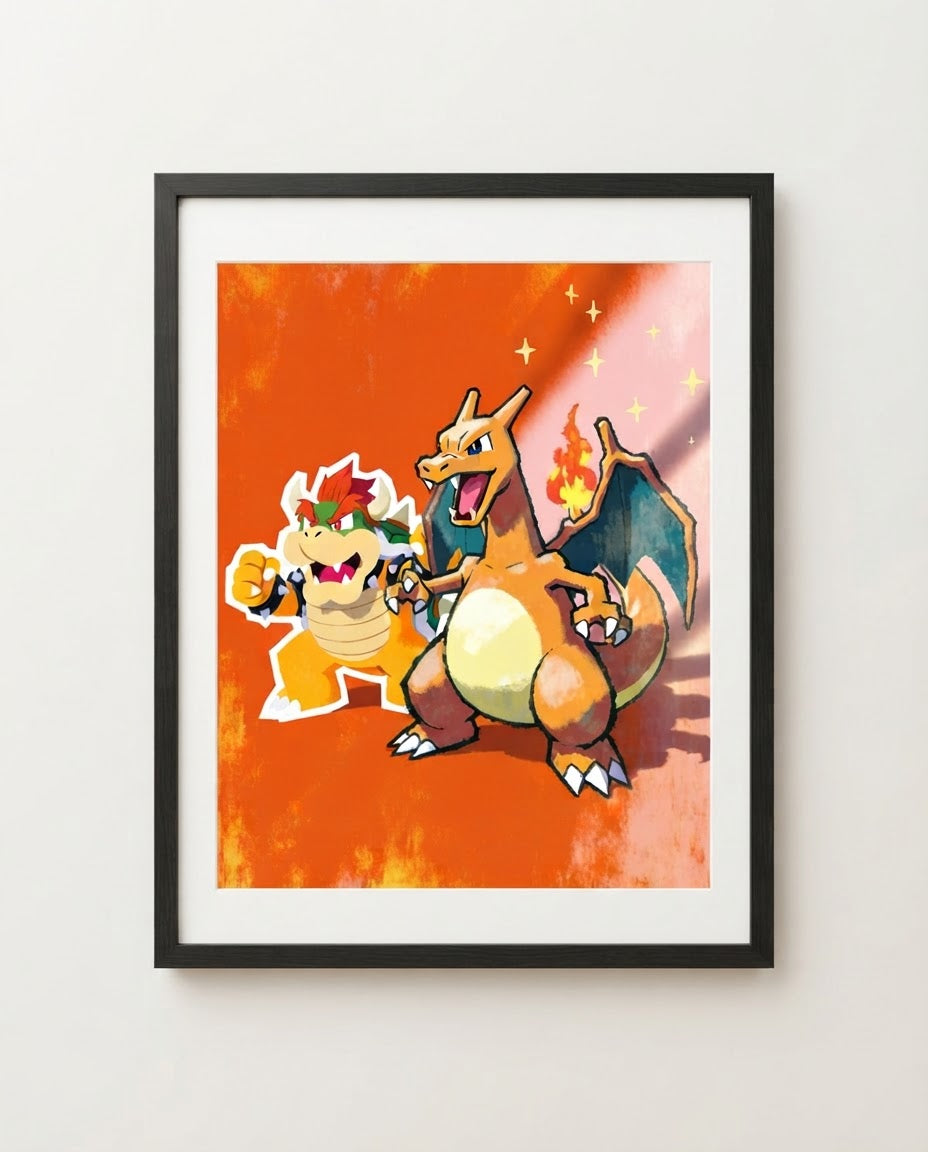 Bowser & Charizard art print framed on a wall — Paper Mario Pokémon crossover by Dammit.png