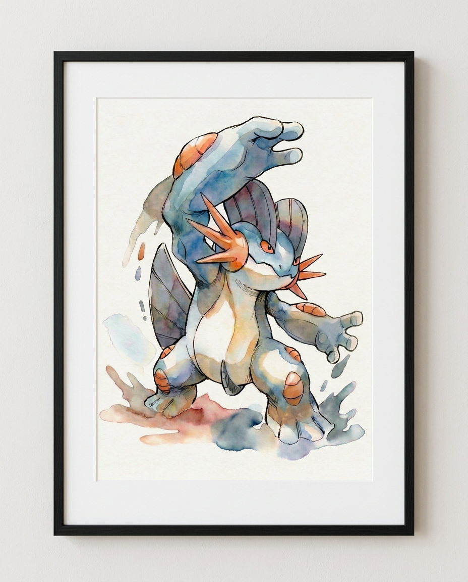 Swampert Hammer Arm watercolour Pokémon art print in a black frame with white mat
