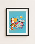 Yoshi & Totodile art print framed on a wall — Paper Mario Pokémon crossover by Dammit.png